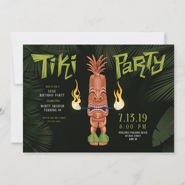Convite de Aniversário Noturno de Luau Tiki (Frente)