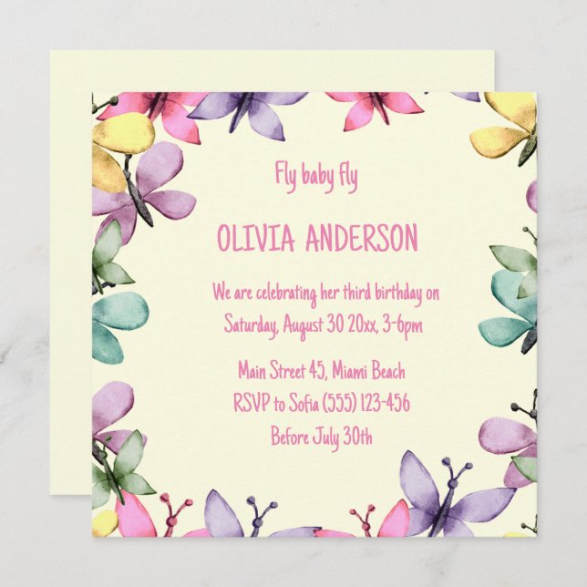 Convite de aniversário num design feliz e quadrado (Frente/Verso)