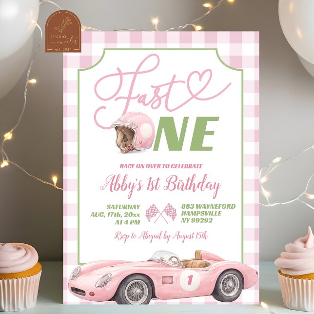Convite de Aniversário ONE Rosa Préppy Retro Rápid (Criador carregado)