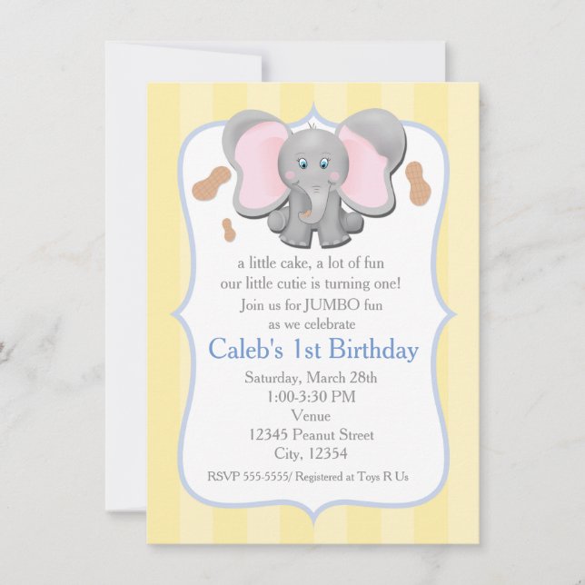 Convite de aniversário ou chá de bebê de elefante  (Frente)