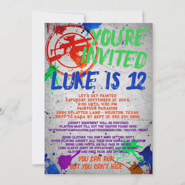 Convite de aniversário Paintball (Frente)