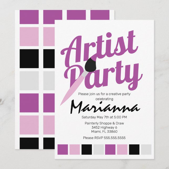 Convite de Aniversário Paleta de Artista Roxa Fest (Frente/Verso)