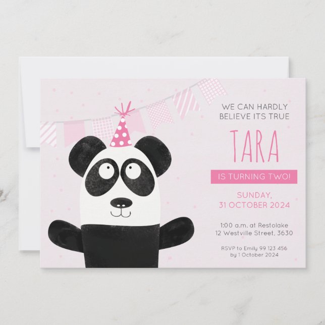 Convite de Aniversário Panda Rosa (Frente)