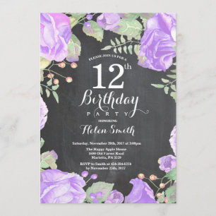 Convite de Aniversário para 12 Floral Roxo Botânic