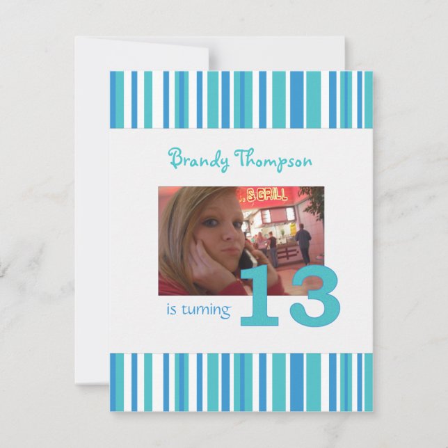 Convite de Aniversário para 13 de Stripe Azul e Br (Frente)