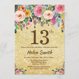 Convite de Aniversário para 13 Floral Dourada Glit