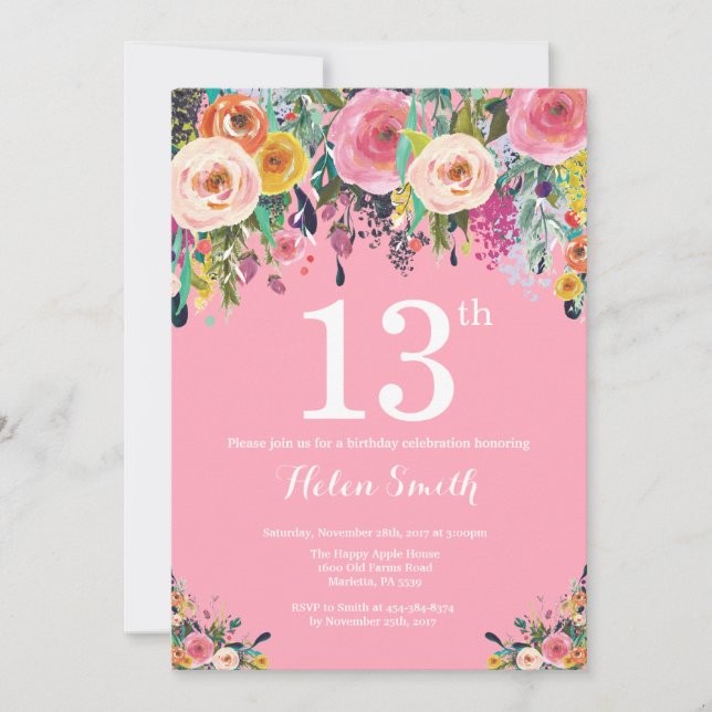Convite de Aniversário para 13 Floral Rosa (Frente)