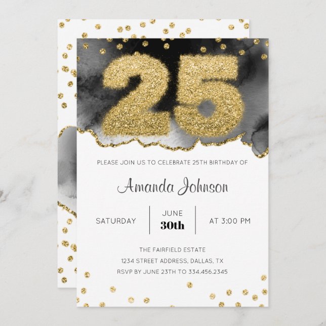 Convite de Aniversário para 25 de Aquarela Dourada (Frente/Verso)