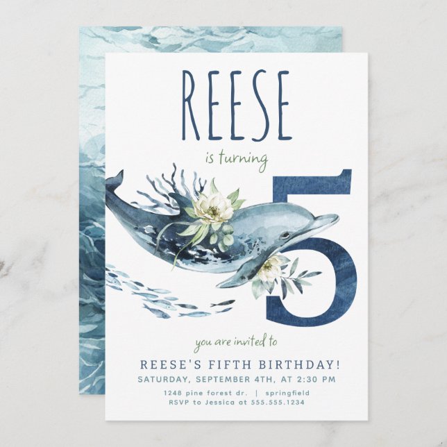 Convite de aniversário para 5 de golfinhos (Frente/Verso)