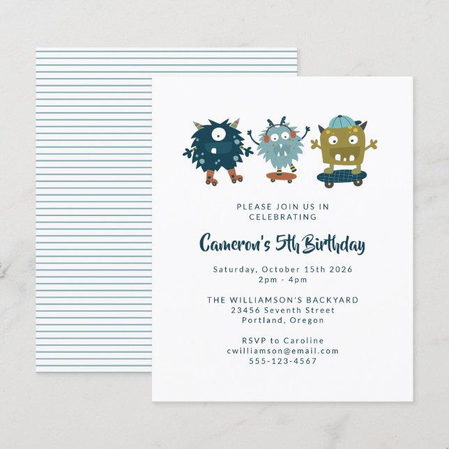 Convite de Aniversário para 5 de Monstros de skate (Frente/Verso)