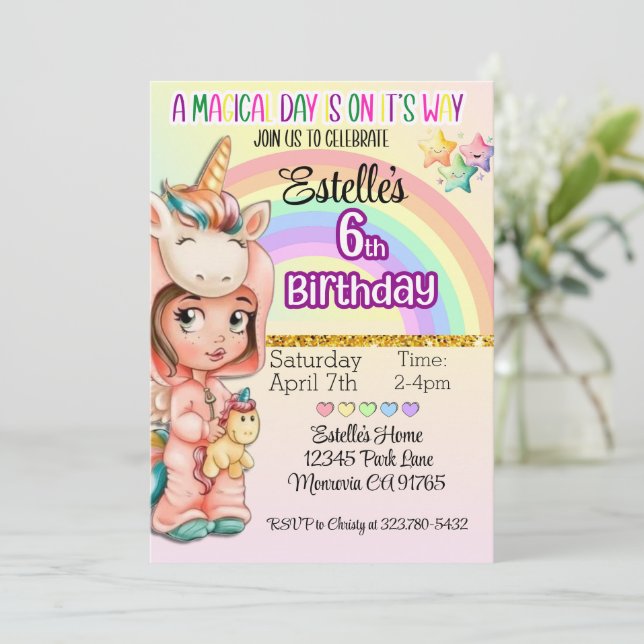 Convite de Aniversário para 6 de Dia Mágico do Uni (Em pé/Frente)
