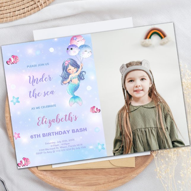 Convite de Aniversário para 6 Mermaid com Foto (6th Mermaid Birthday Invitations with photo)
