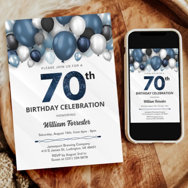 Convite de Aniversário para 70 de de Prata Azul Pr (Blue Silver Black & White 70th Birthday Invitation)