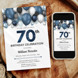 Convite de Aniversário para 70 de de Prata Azul Pr