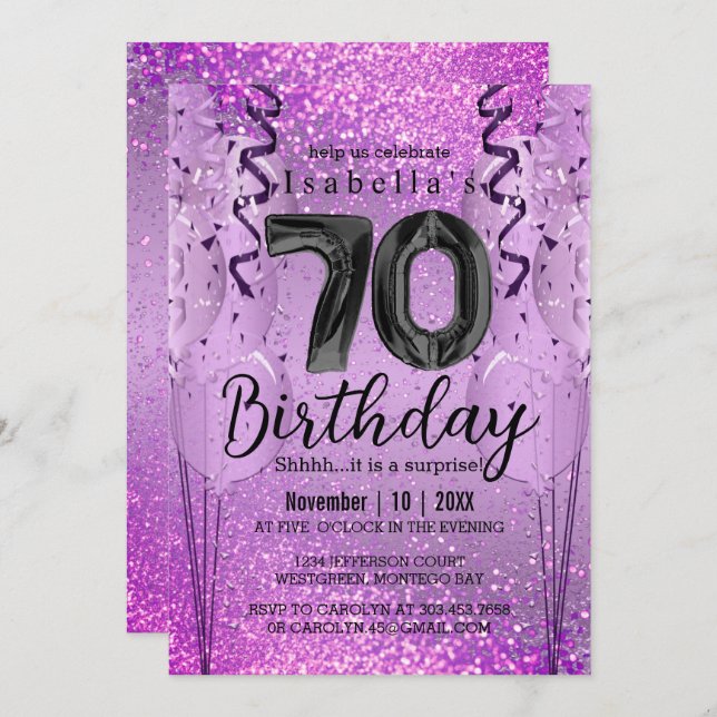 Convite de Aniversário para 70 de Glitter Roxo e R (Frente/Verso)