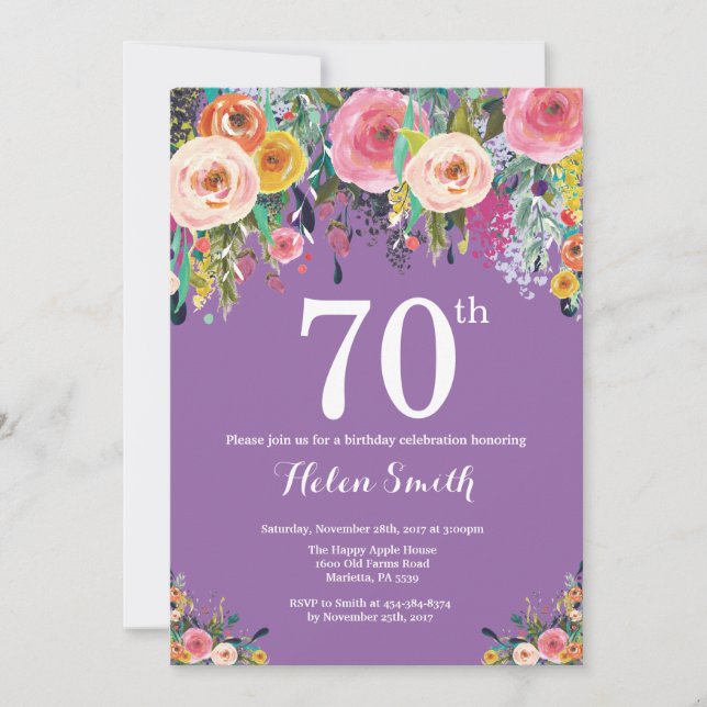 Convite de Aniversário para 70 Floral Roxo (Frente)