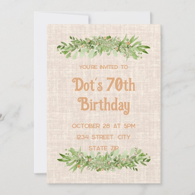 Convite de Aniversário para 70 - Linen Greenery Se (Frente)