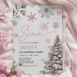 Convite de aniversário para 7, 7 de inverno, rosa-