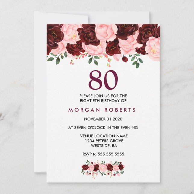Convite de Aniversário para 80 de Flores Rosa e Bo (Frente)