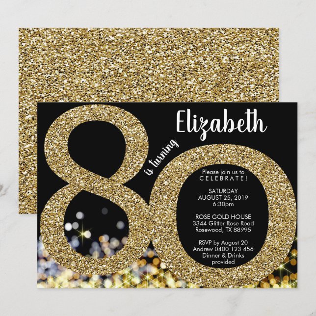 Convite de aniversário para 80 Dourado - Convite p (Frente/Verso)