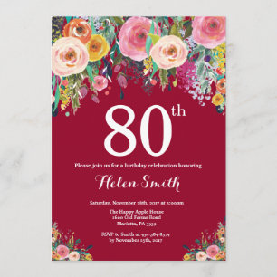 Convite de Aniversário para 80 Floral Burgundy