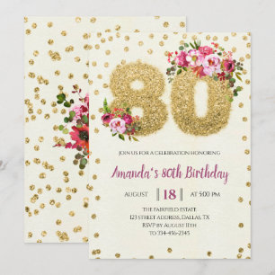Convite de Aniversário para 80 Floral Rosa
