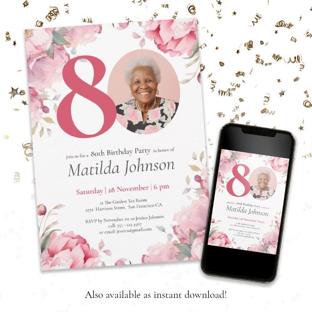 Convite de Aniversário para 80 Floral Rosa Persona (80th Birthday Pink Floral Botanical Custom Photo Invitation)
