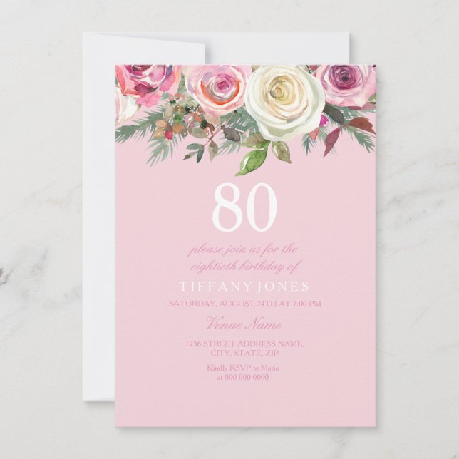 Convite de aniversário para 80 Floral Rosa Rosa Ro (Frente)
