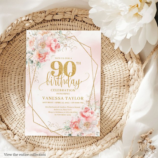Convite de aniversário para 90 Floral Dourado Rosa (Chic Pale Pink Gold Floral 90th Birthday Invitation)