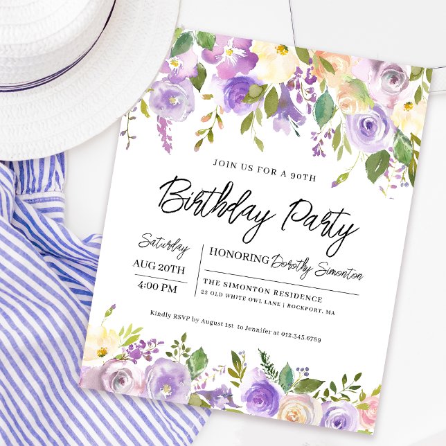Convite de Aniversário para 90 Floral Roxo de Orça (Matching welcome signs and party supplies available. Message me for help finding them. )