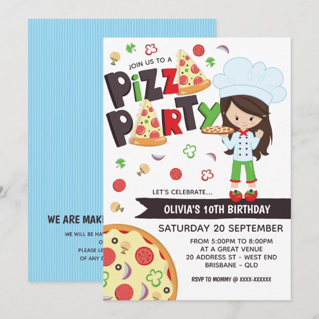 Convite de Aniversário para a Festa de Pizza (Frente/Verso)