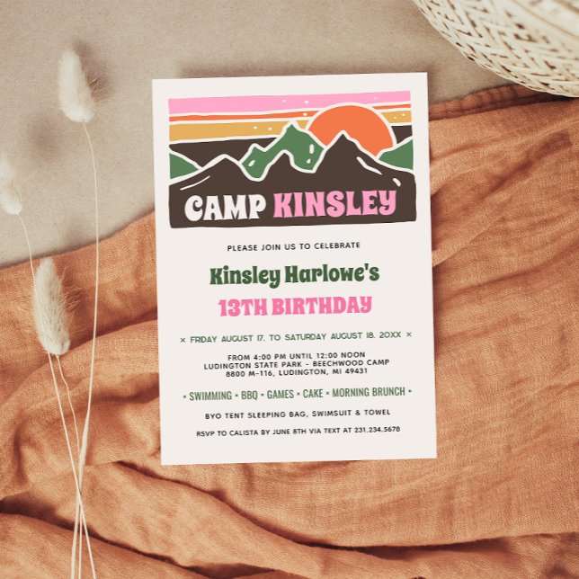 Convite de Aniversário para Acampamento de Fim de  (Retro Girly Weekend Camp Birthday Invitation
)