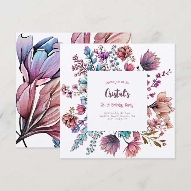 Convite de aniversário para adultos com flores em  (Frente/Verso)