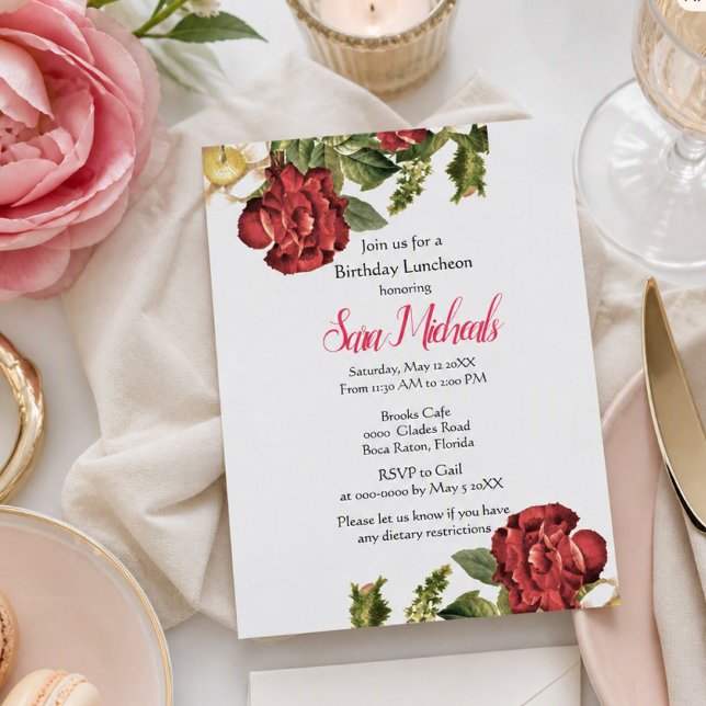 Convite de Aniversário para Almoço com Rosa Vermel (Criador carregado)