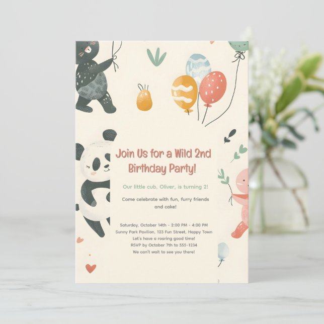 Convite de Aniversário para Amigos Animais Selvage (Em pé/Frente)