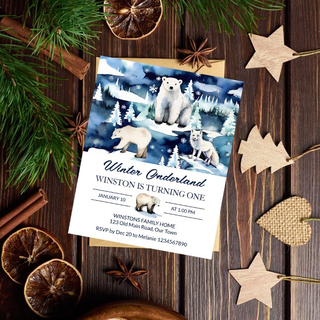 Convite de aniversário para animais árcticos da 1ª (Winter onederland arctic animals birthday party budget  invitation white and blue affordable invite)