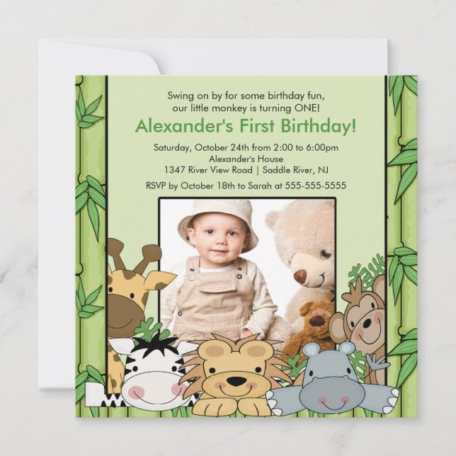 Convite De Aniversário Para Animais Da Selva Safar (Frente)