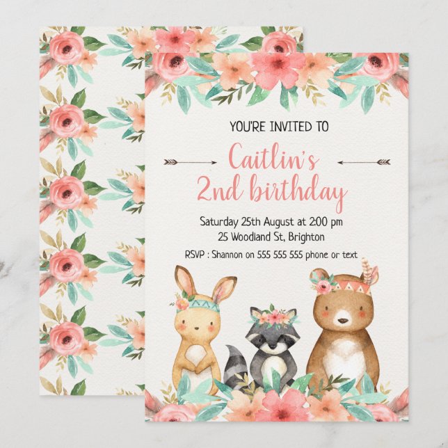 Convite de Aniversário para Animais de Boho Woodla (Frente/Verso)