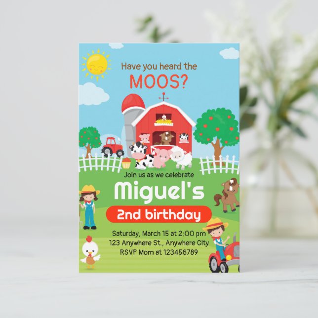 Convite de Aniversário para Animais de Exploração  (Em pé/Frente)