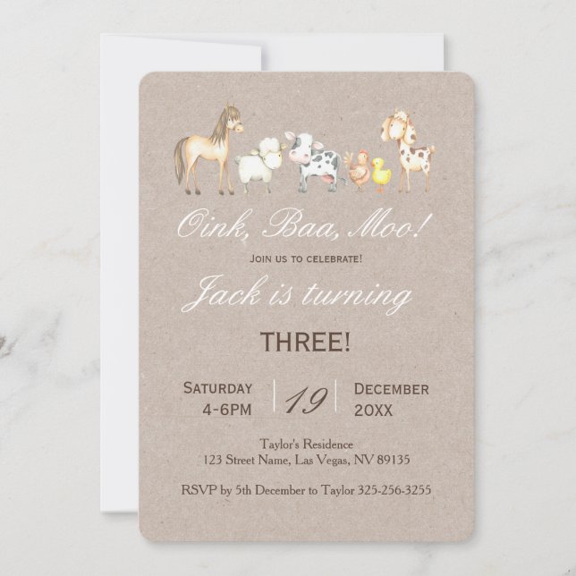 Convite de aniversário para animais fazendas (Frente)