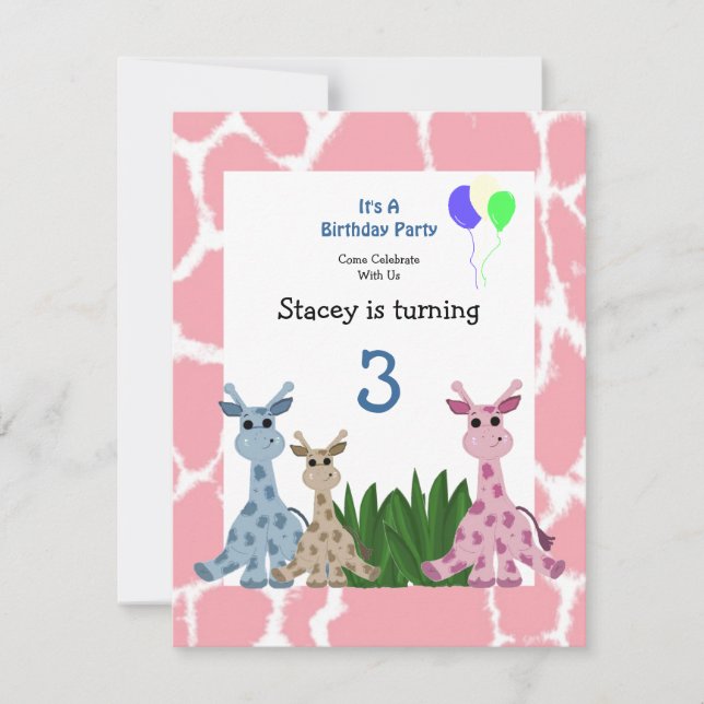 Convite de aniversário para animais Giraffe (Frente)