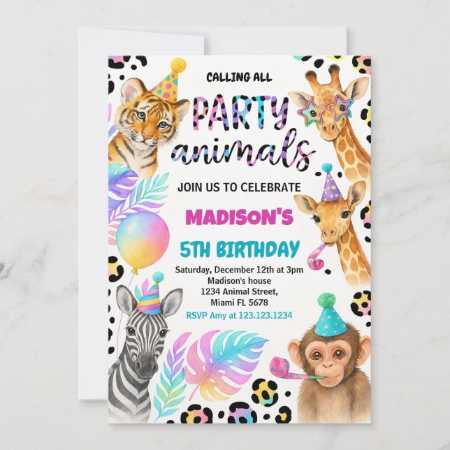 Convite de Aniversário para Animais Safari (Frente)
