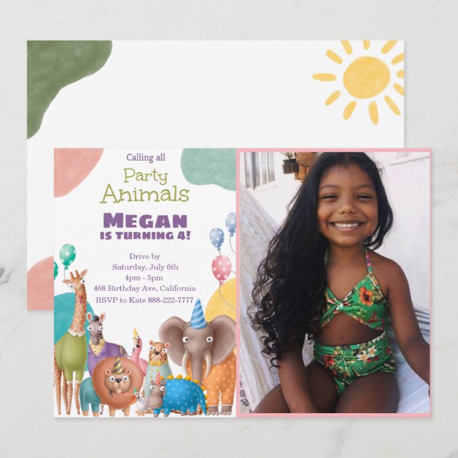 Convite De Aniversário Para Animais Safari Com Fot (Frente/Verso)