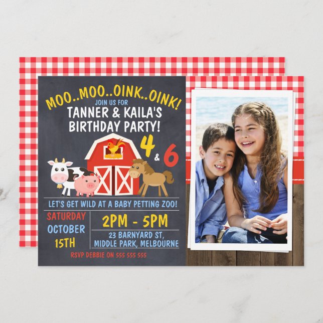 Convite de Aniversário para Barnyard Chalkboard (Frente/Verso)