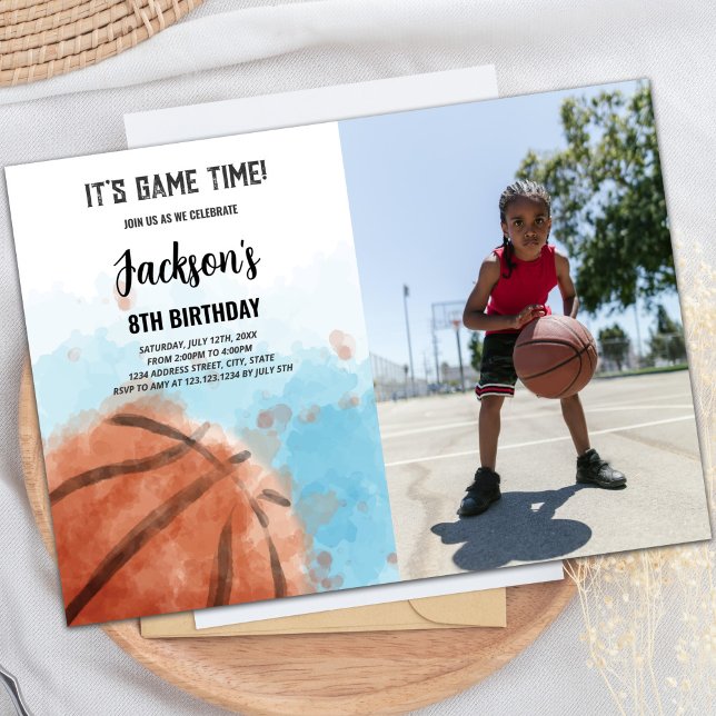 Convite de Aniversário para Basquete de Nuvem Azul (Blue Cloud Basketball Birthday Invitations w photo)
