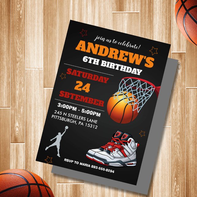 Convite de Aniversário para Basquete Laranja Negro (modern black and orange bascketball birthday invitation)