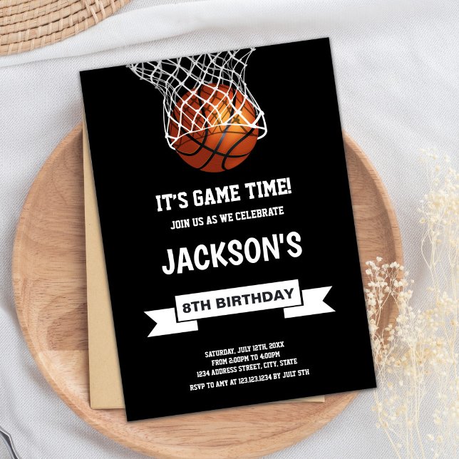 Convite de Aniversário para Basquete Negro (Black Background Basketball Birthday Invitations)