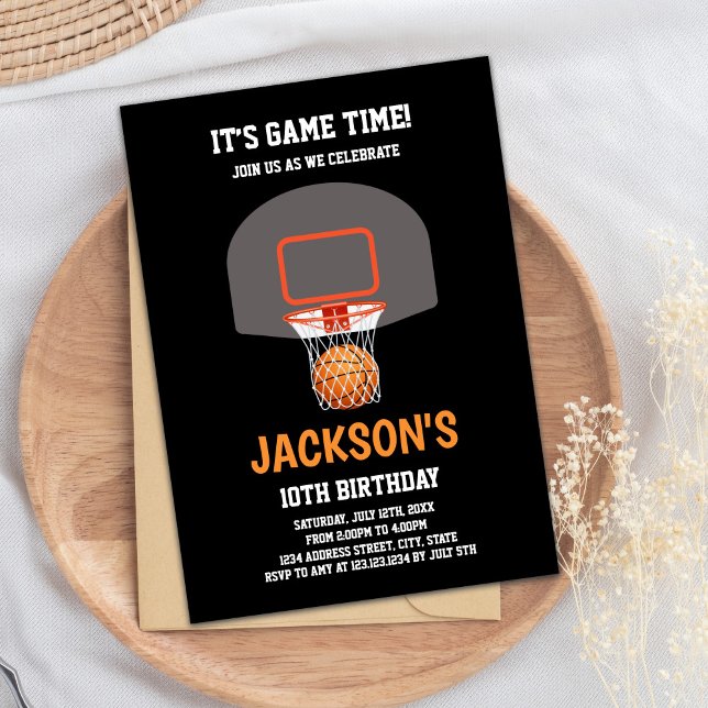 Convite de Aniversário para Basquete Negro e Laran (Black Orange Basketball Invitations)