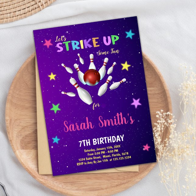 Convite de Aniversário para Boliches Roxas Leves (Light Purple Bowling Birthday Invitations)
