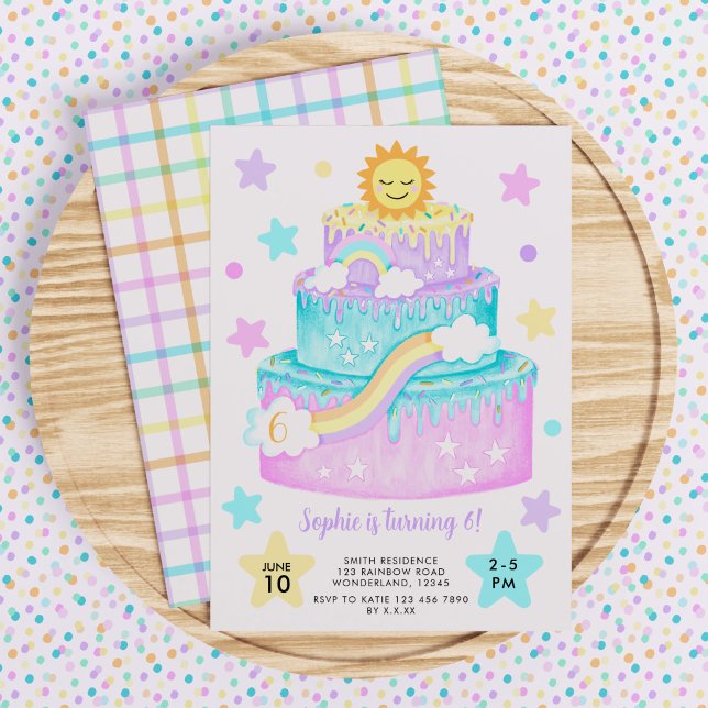 Convite de aniversário para Bolo Arco-Íris de Meni (Colorful rainbow cake birthday party invitation. )